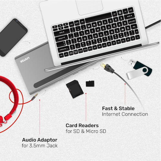Unitek USB-C Docking Station με HDMI/DisplayPort 4K PD και σύνδεση 2 Οθονών Ασημί (D1022A)