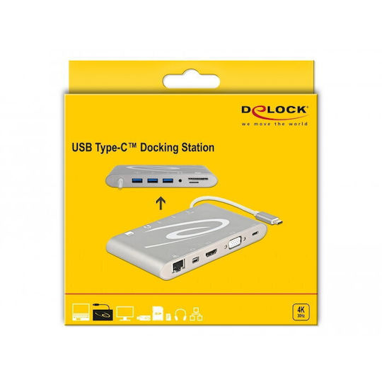 DeLock USB-C Docking Station με HDMI/DisplayPort 4K PD Ethernet και συνδεση 2 Οθονών Ασημί (87298)