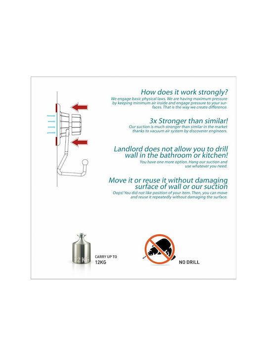 Tekno-tel Bathroom Hook Hanger 4 Prongs 32x5x13cm Thickness 7mm Load Capacity 12kg Chrome-Plated Steel Extra Strong Suction Cup