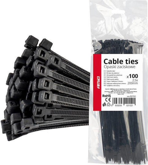 AMiO Plastic Cable Ties 200mmx2.5mm in Black Colour 100pcs 02152