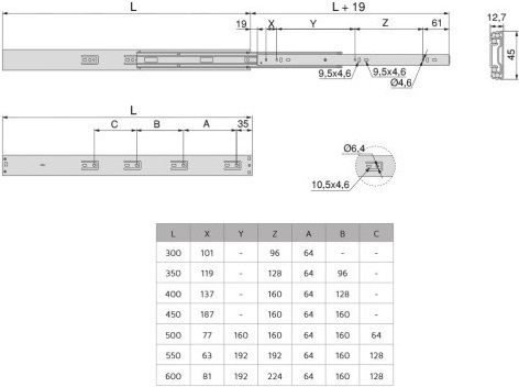 Emuca Drawer Guide Brake & Push Telescopic Ball Bearing Nickel 35kg 223-4302405#35