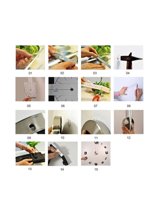 Large 3D Wall Clock Modern Large 3D Wall Clock Numbers Letters DIY Silver Plastic