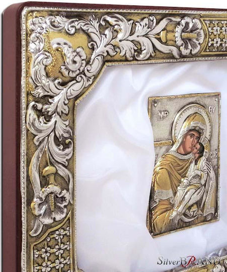 Στεφανοθήκη Ασημένια Ψάθα Παναγία Επίχρυση 29x23cm