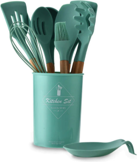 Set 12 Silicone Kitchen Utensils Heat Resistant Natural Wood Handle Green