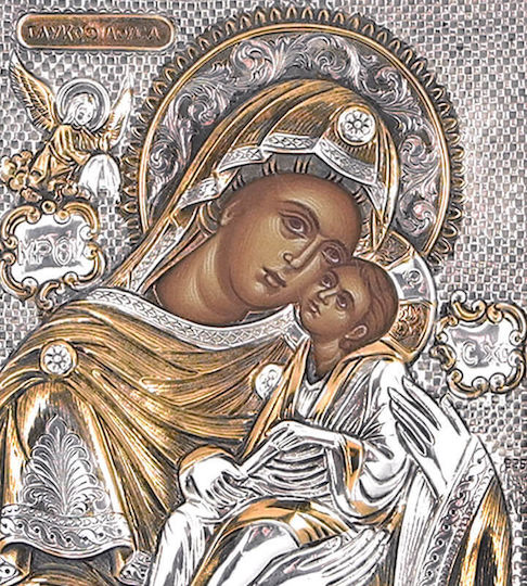 Heilige Maria Glykofilousa Silberne Heiligenikone Mit Gold 18x14cm