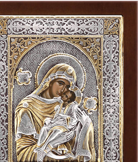 Heilige Maria Glykofilousa Silberne Heiligenikone Mit Vergoldung 27x22cm