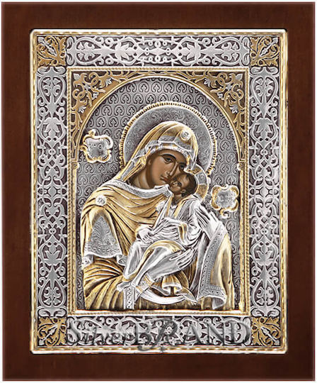 Heilige Maria Glykofilousa Silberne Heiligenikone Mit Vergoldung 27x22cm