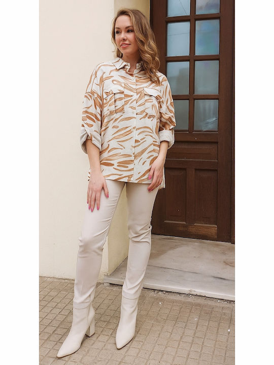 Women's Fabric Capri Trousers Straight Line Beige