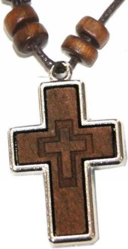 Colier Cruce Cu Pandantiv Handmade Ecleziastic Din Lemn Maro Contur Metalic Argintiu Șnur Tatu Moyo 1059-601