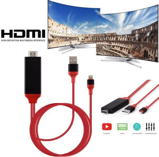 Cable HDMI male - Lightning male / USB-A male 2m Κόκκινο