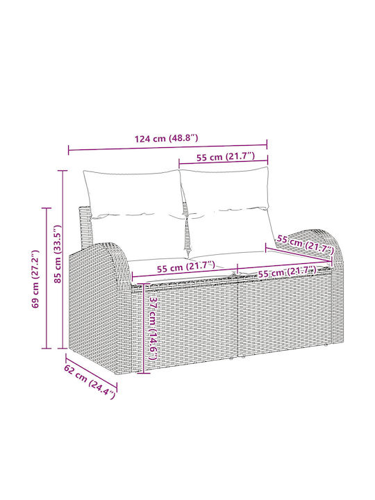Zweisitziges Sofa Außenbereich Rattan mit Kissen 55x55x37cm