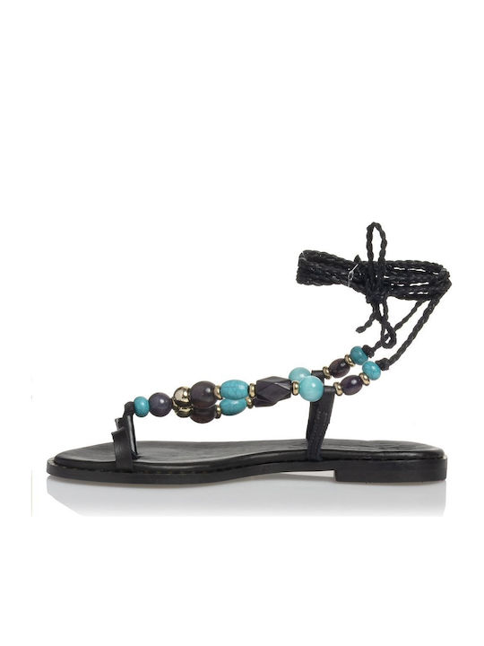 Leather Women's Flat Sandals in Black Color