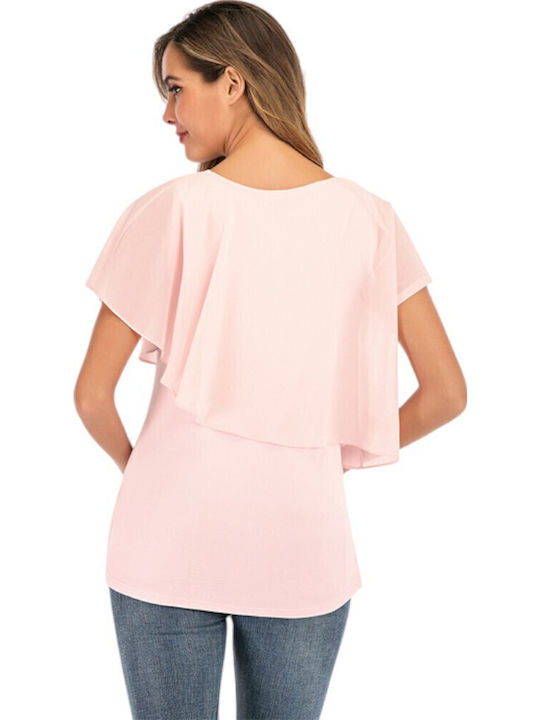 Roz Tricou Maternitate și Alăptare Basic cu Mânecă Scurtă Decolteu Vară 2025 Queen Mother