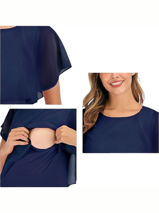 Blue Short Sleeve Nursing-Maternity Top Basic Neckline Summer 2025 Queen Mother