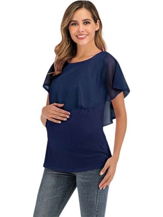 Blue Short Sleeve Nursing-Maternity Top Basic Neckline Summer 2025 Queen Mother