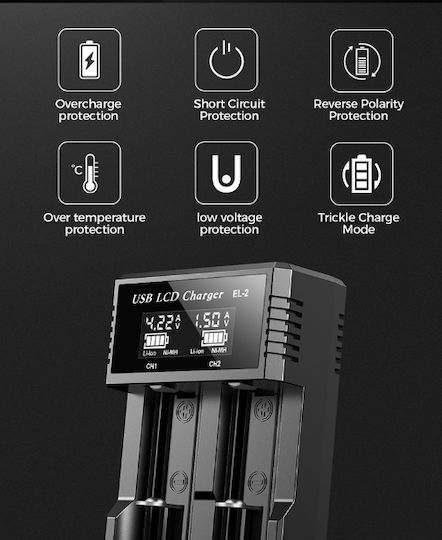 Naxius NXCRBEL-002 USB Charger 2 Batteries Li-ion/Ni-Cd/Ni-MH Size AA/AAA/18650/21700/16340/26650/14500