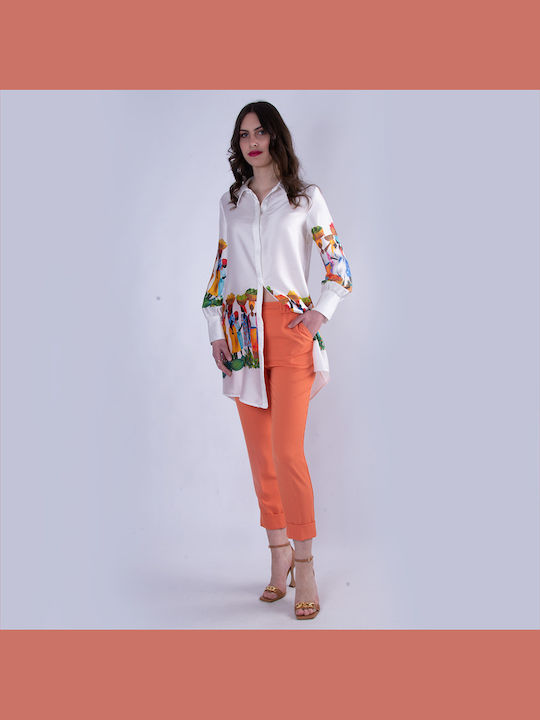 Women's Fabric Capri Trousers with Elastic Orange