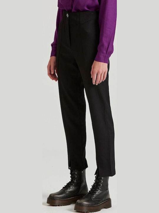 Women's High-waisted Fabric Capri Trousers Regular Fit Black