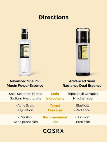Cosrx Advanced Snail Radiance Dual Ενυδατικό & Αντιγηραντικό Essence Προσώπου με Έκκριμα Σαλιγκαριού & Νιασιναμίδη για Λάμψη 80ml
