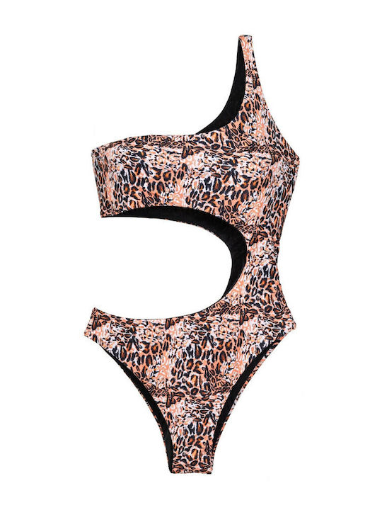 One Shoulder Swimsuit with Animal Print Brown