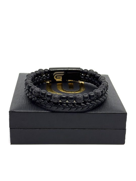 Lederarmband Edelstahl Schwarz Häftige Vulkansteine