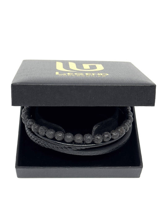 Leather Bracelet 21 Cm Stainless Steel Black Volcanic Stones