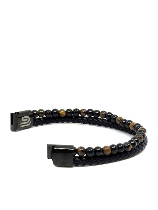 Tiger Eye Δερμάτινο Βραχιόλι Ανοξείδωτο Ατσάλι Ηφαιστειακές Πέτρες