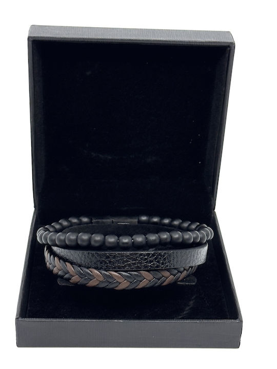 Leather Bracelet Stainless Steel Black Natural Stones