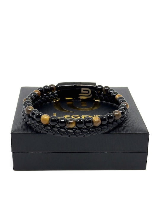 Tiger Eye Δερμάτινο Βραχιόλι Ανοξείδωτο Ατσάλι Ηφαιστειακές Πέτρες