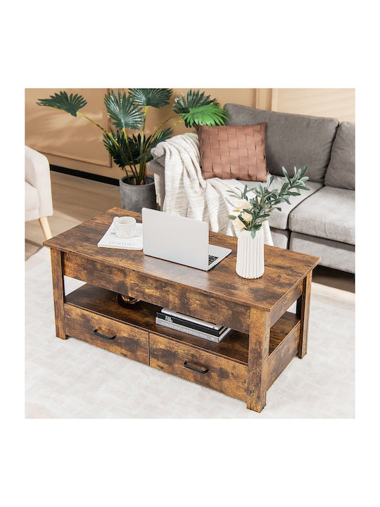 Rectangular Central Wooden Coffee Table with Lifting Mechanism and Brown Drawers W100xD50xH48cm