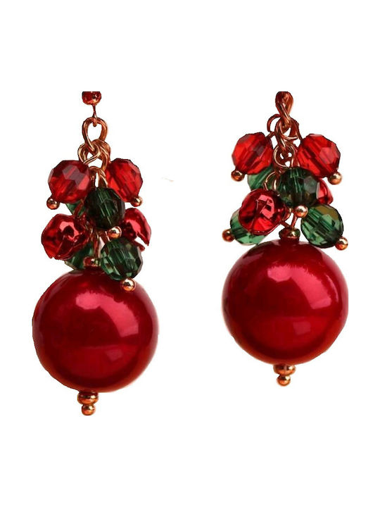 Tatu Moyo Handmade Christmas Gold Plated Metal Earrings Red Ball Red-Green Stones 6cm