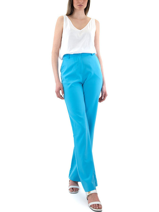 PANTS Γυναικείο Ψηλόμεσο Υφασμάτινο Παντελόνι σε Ίσια Γραμμή Γαλάζιο