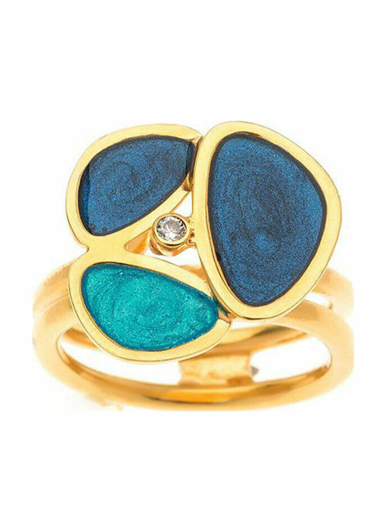 Damen Silber Vergoldetes Ring Mit Steinen 925° Blau & Türkis Emaille
