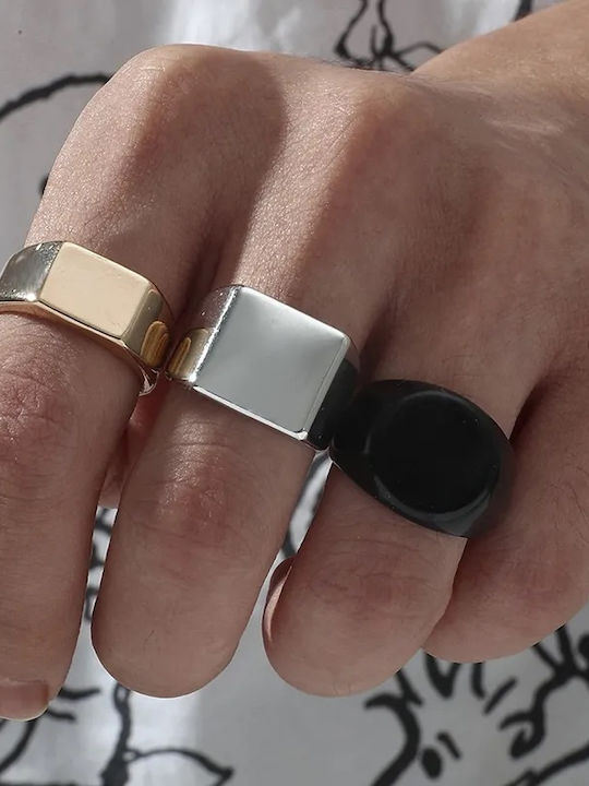 Men’s Ring Set Σετ 3 Δαχτυλίδια Ασημί Χρυσό Μαύρο Κράμα Ορειχάλκου