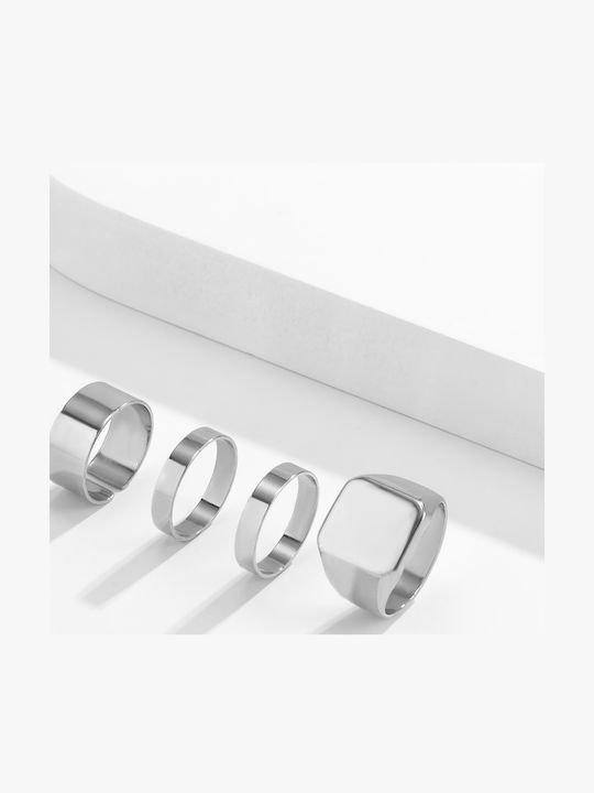 Retro Geometric Rings Σετ 4 Δαχτυλίδια Ασημί Κράμα Ορειχάλκου