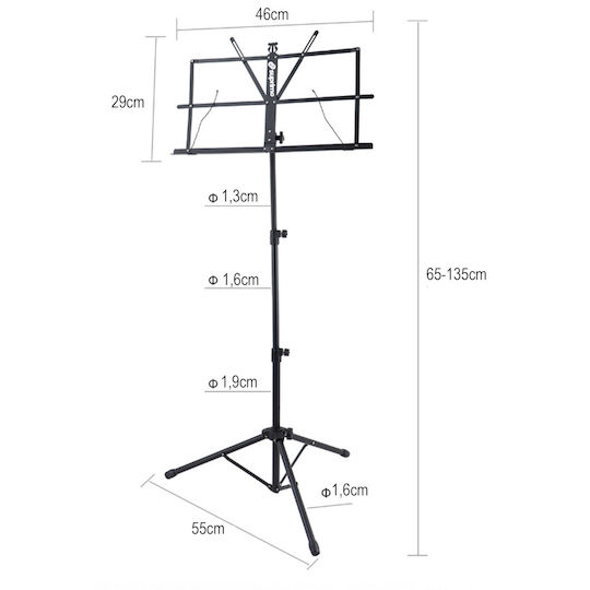 Suprimo D1 Music Stand Sheet Holder Tripod Adjustable Foldable Cover Set 65-130 Cm Up To 12 Kg Storage Bag Πτυσόμενο Τρίποδο Αναλόγιο Μουσικής Παρτιτούρες Θήκη Μεταφοράς