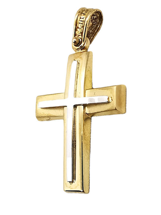 Gold Männlicher Kreuz K14 Zwei Weißgoldene Linien Kreuzform