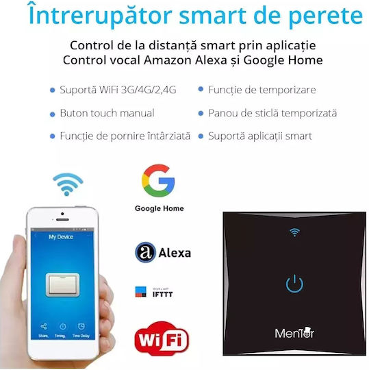 Încastrat Comutator de Perete Wi-Fi Iluminat Sens unic cu Cadru Negru