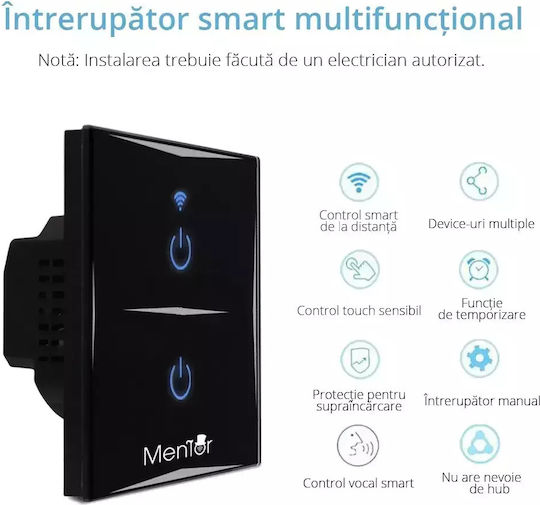 Încastrat Comutator de Perete Wi-Fi Iluminat Dublu cu Cadru Negru