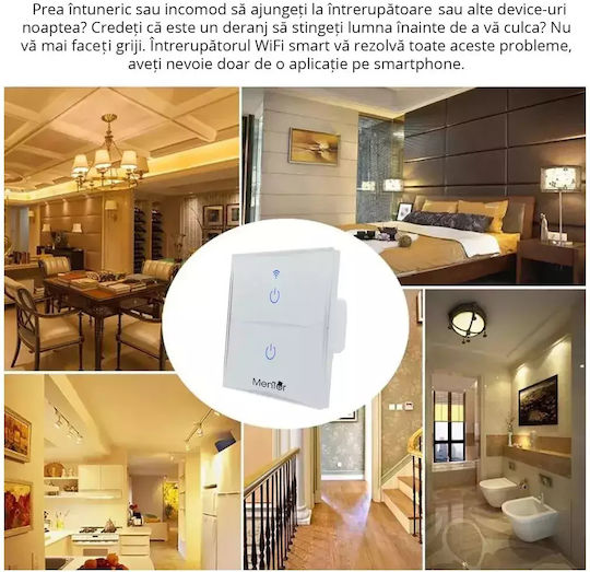 Χωνευτός Διακόπτης Τοίχου Αφής Wi-Fi Διπλός με Πλαίσιο Λευκός