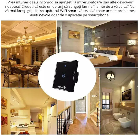 Încastrat Comutator de Perete Wi-Fi Iluminat Sens unic cu Cadru Negru