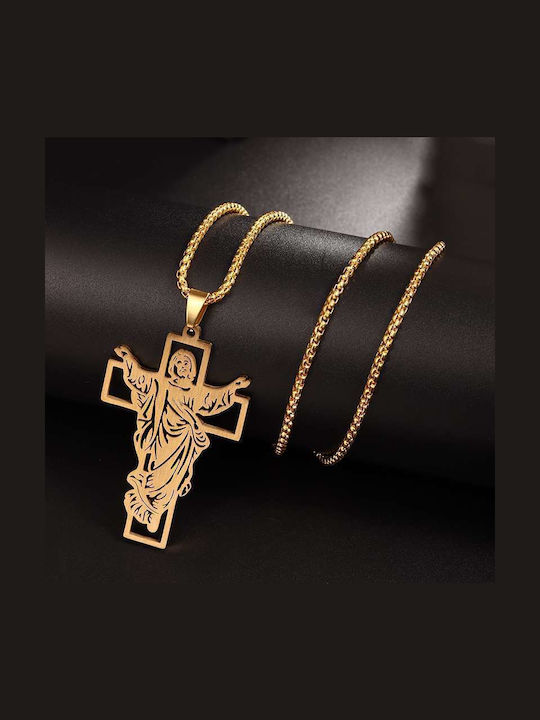 Jesus Cross Necklace Gold Tone Carved Details Chain Molfs