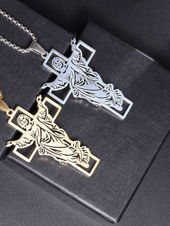 Jesus Cross Necklace Gold Tone Carved Details Chain Molfs