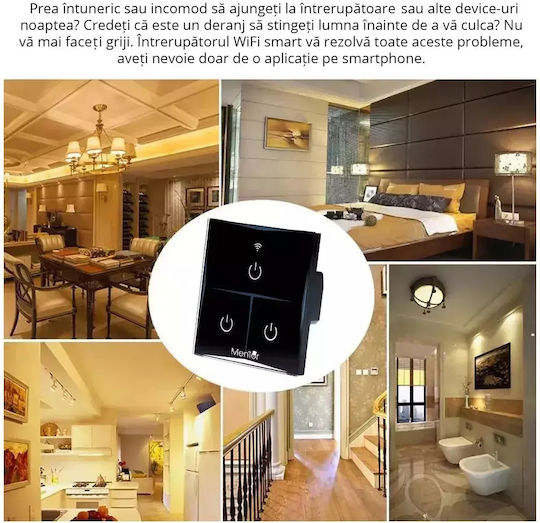 Comutator De Perete Electric Încastrat Tactil Wi-Fi Triplu Cu Ramă Comutator De Perete Electric Negru