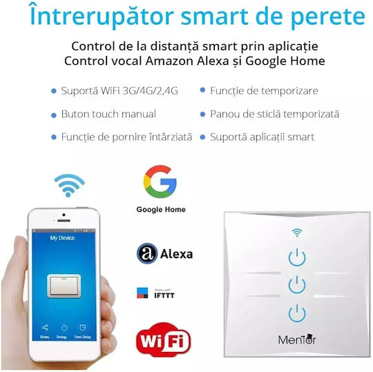 Comutator De Perete Electric Încastrat Tactil Wi-Fi Triplu Cu Ramă Mediu Alb