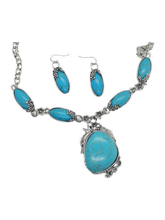 Jewelry Set Necklace Earrings Vintage Boho Drop Shape Turquoise Stones S21