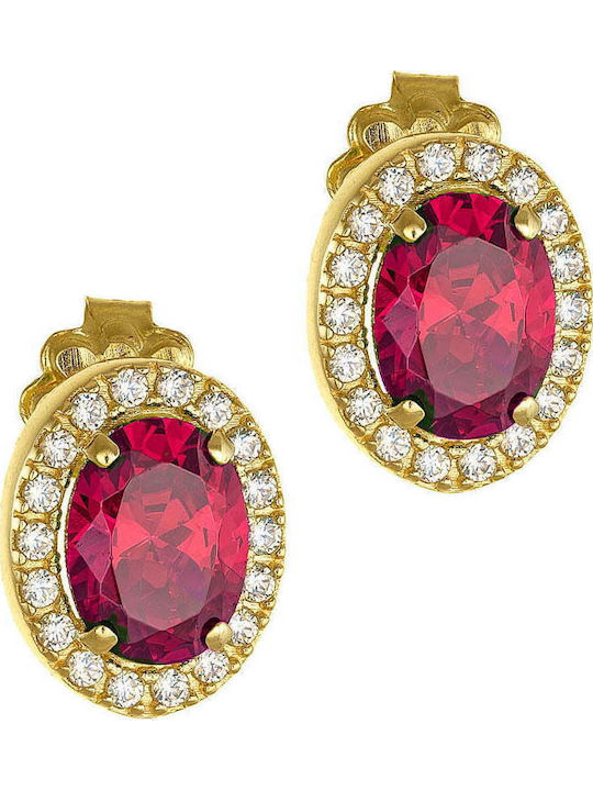 14K Gold Rosette Jewelry Set Comprising Necklace Ring Earrings Oval Red Central Zircon Stone & White Peripheral Stones Set-22104y