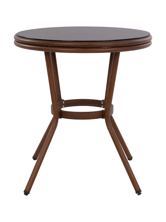 Moses Outdoor Dinner Free Standing Table with Glass Surface and Aluminum Frame Brown 70x70x76cm