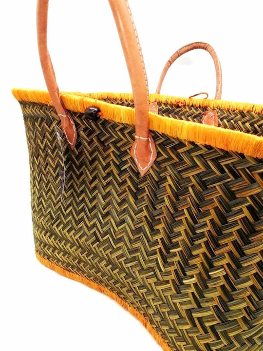 Handmade Beach Bag Shoulder Leather Handle Yellow Brown 33x60cm