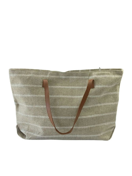 Плажна Чанта Бежова На Райета Кафяви Ръкохватки 56x34x15см